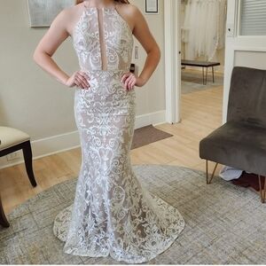 Size 4 White Over Nude Sequin Design Gown With Trumpet Skirt NWT